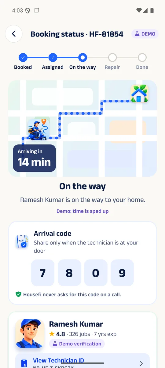 Housefi app screen: Meet your technician