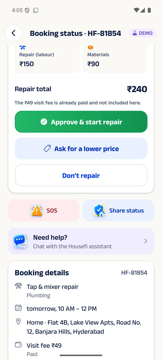 Housefi app screen: Approve the quote first
