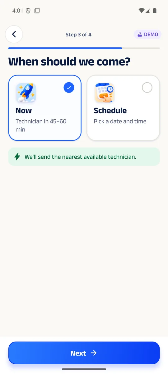 Housefi app screen: Choose when